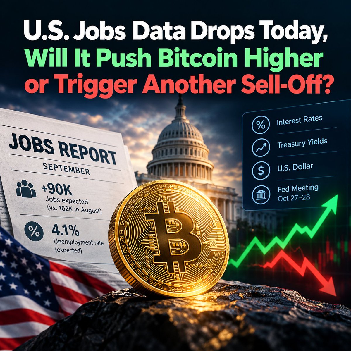 alts_holder's tweet photo. U.S. Jobs Data Drops Today, Will It Push Bitcoin Higher or Trigger Another Sell-Off?
The September jobs data, due at 8:30 a.m. ET on October 2, will affect Bitcoin by shifting expectations for interest rates, Treasury yields, and the U.S. dollar.

Economists expect the U.S. to have added 90,000 jobs in September, down from 162,000 in August. The unemployment rate is expected to remain at 4.1% for a third straight month.

The report comes at a critical time for markets. The Fed raised interest rates by 0.25 percentage points in September, bringing its target range to 3.75%–4.00%, and signaled further increases.

Why Friday’s Jobs Report Matters for Bitcoin
The jobs report matters for Bitcoin because it directly affects expectations for interest rates. If the job market is strong, the Federal Reserve has more reason to keep interest rates high or raise them to control inflation.

Higher rates make safer, interest-paying investments more attractive and reduce demand for riskier assets such as Bitcoin.

If the job market is weak, investors will expect the Fed to lower rates in the future. That creates a more supportive environment for Bitcoin and other risky investments.

The jobs report therefore affects Bitcoin through two competing forces: lower interest-rate expectations support Bitcoin, while fears of a weakening economy pressure it.
Traders will focus on more than the headline number of jobs added. They will also watch:

The unemployment rate
Wage growth
Revisions to previous jobs numbers
Treasury yields
The U.S. dollar
Expectations for the Fed’s next rate decision
The Fed’s next major meeting is scheduled for October 27–28. As of Friday morning, markets were pricing in about a 26%–28% chance of another rate hike, down from around 69%–70% earlier in the week.

In sum, the jobs report will either support Bitcoin or add further selling pressure.

#alts_holder