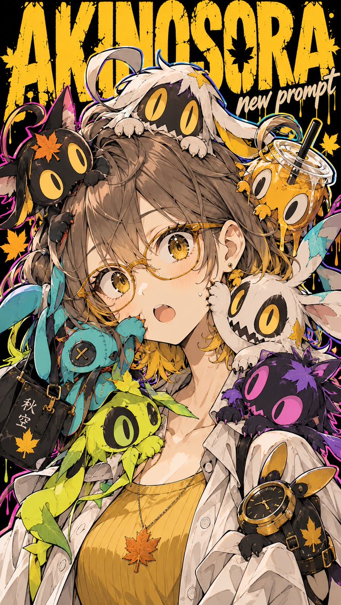AkinoSora_Sky's tweet photo. 【プロンプト配布】
「あなたの使い魔どんな感じ？」👻

添付画像から使い魔を召喚🦇
一緒にポスターにしちゃいましょう✨

添付したキャラは人間でも人外でもOK‼️

・元キャラは軽いデフォルメ。
・使い魔のモチーフは添付画像から抽出。そのままマスコット化せず、意味を持った異形生物に。
・画面全体は一色にせず、複数の色相をぶつけてカラフルに。

プロンプトを貼って、
好きなキャラ画像を1枚添付するだけでも生成出来ます🎃

拘りたい人向けの入力欄も完備👍✨

▼プロンプトと過去作はリプ欄▼