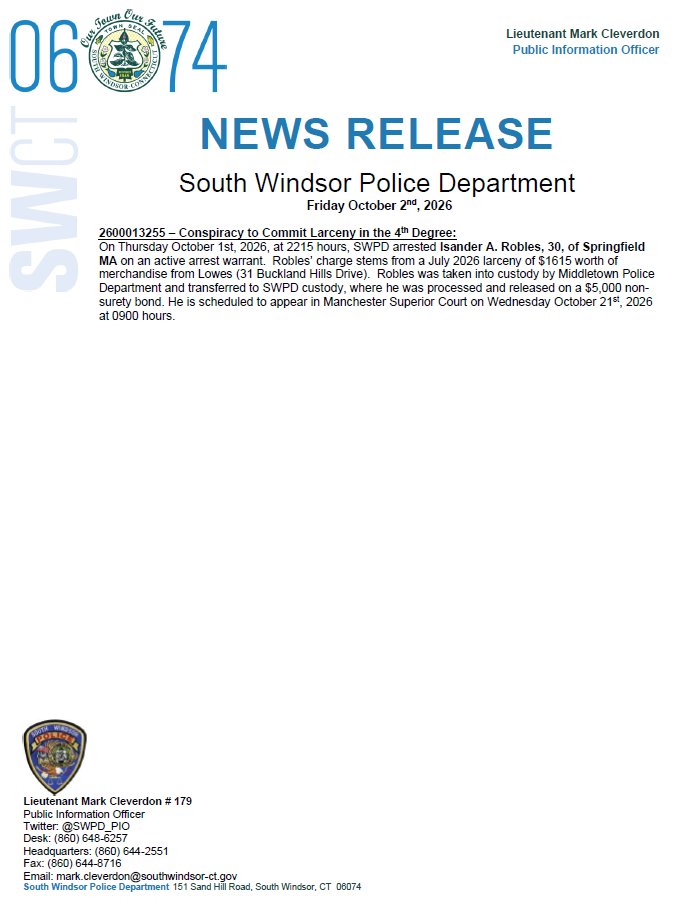 SWPD_PIO's tweet photo. Good morning #SW06074.

Attached is the news release for Friday, October 2nd, 2026. https://t.co/46KKUGEdgH