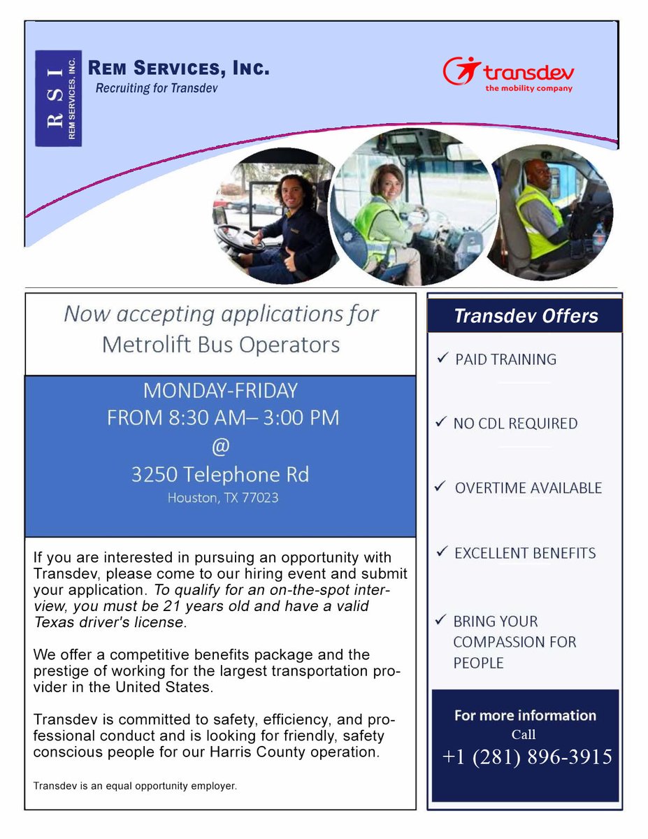 NTEPlanning's tweet photo. OCT 2026 &amp; #JOBS are AVAILABLE! 

#APPLY!

#MetroLift Drivers - From $19.80 an hr, Shuttle Bus Drivers - $20.50 an hr, Service Workers - $16.90 an hr, Maintenance Techs - $20-$25 an hr

Let them know we sent you!

#Transdev #REMServicesInc #Drivers #Houston https://t.co/Y0VIzq6tPZ