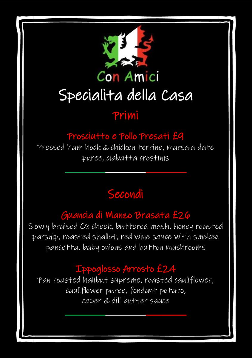 Con_Amici's tweet photo. Con Amici Weekly Specials #Italianfood #Denbigh #NorthWales #weeklyspecials https://t.co/h8nFZaUnX0