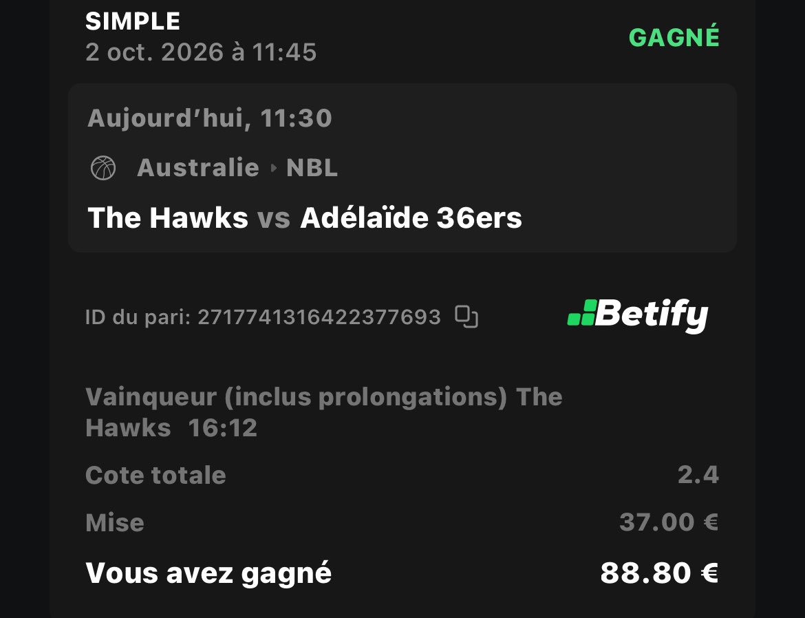 _NoRiskBet_'s tweet photo. Eassyyy !! ✅

🇦🇺Les Hawks  @ 2.40 (Betify) ✅

#TeamParieur https://t.co/1s0vTGzCXm