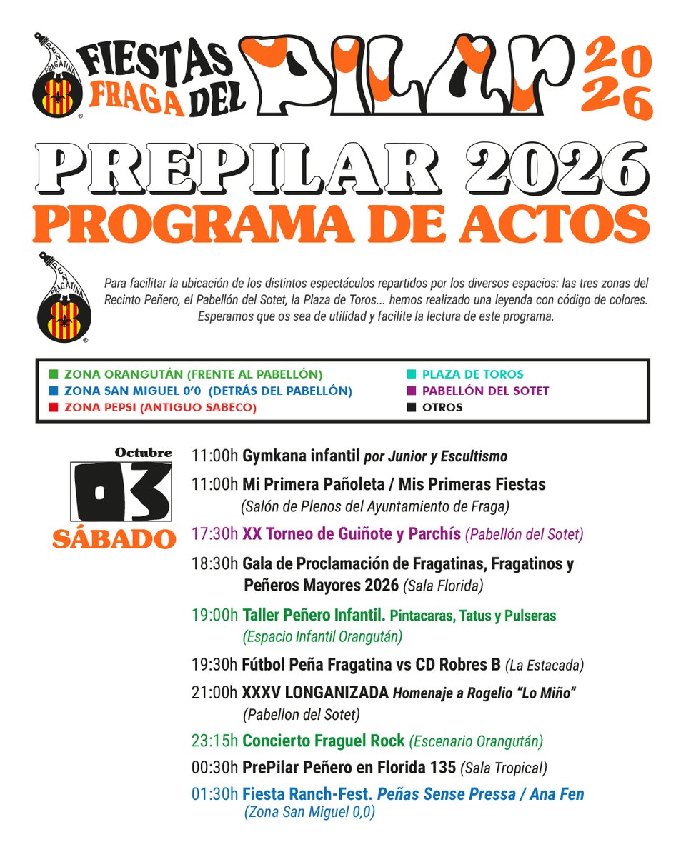 FiestasDelPilar's tweet photo. ¡¡Tornem a lio, peñer@@ s!!🧡🎉Mañana vamos a tope a por el #PrePilar y a partir de las 11:00H de la mañana tenemos una autentico maratón de actividades para todos los públicos 🤪#PrePilarFraga2026 #PeñaFragatina #FestesDelPilarFraga2026 #del8al13deoctubre https://t.co/WP4RwedyQ1