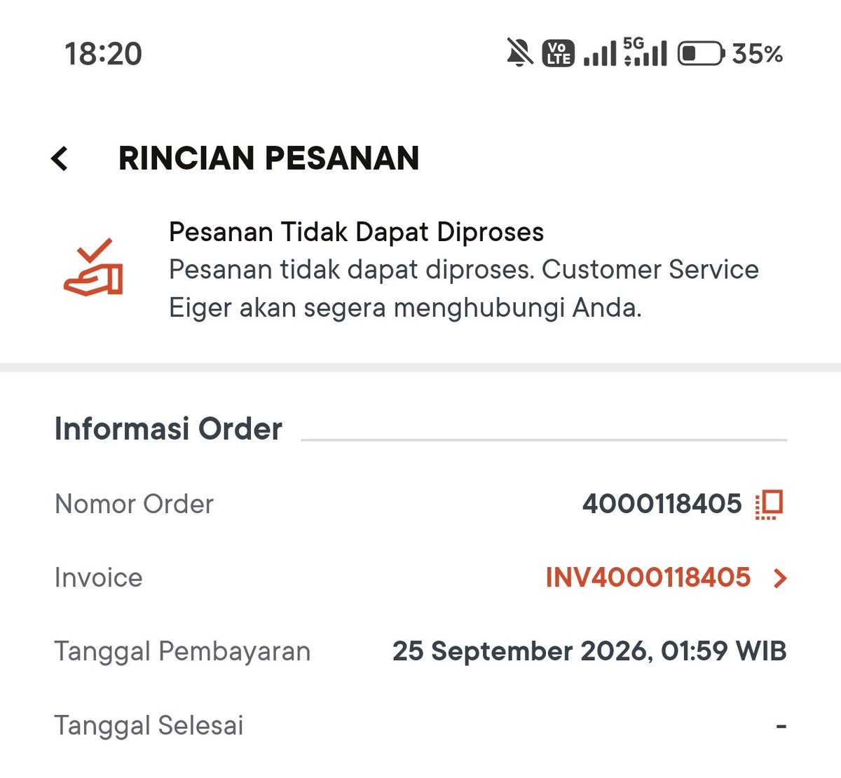 GPrime2802's tweet photo. @eigeradventure Pembatalan pemesanan sy melalui aplikasi eiger sdh 1 minggu blm juga dana saya dikembalikan, begitu ruet dan proses yg terlalu makan waktu lama. https://t.co/GdoekucC9V