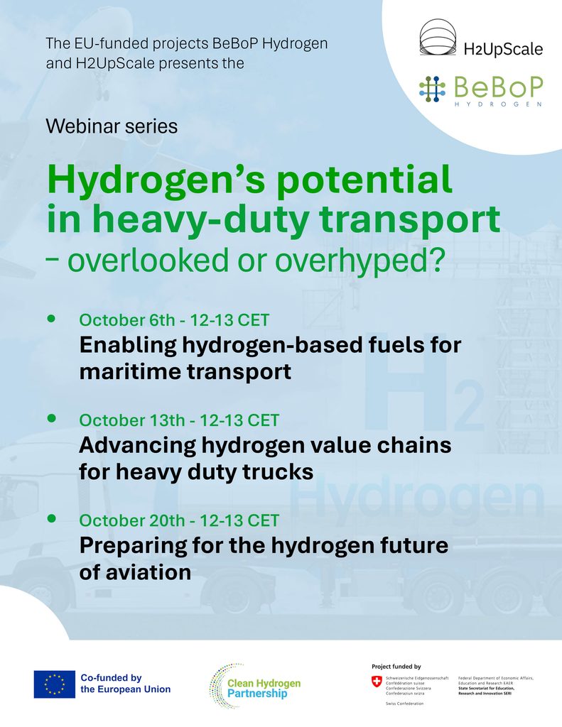 CleanHydrogenEU's tweet photo. 📢 Join the webinar series from BeBoP and H2UpScale and explore the latest advances in hydrogen-powered heavy-duty transport. The webinar series will look into maritime transport, hydrogen value chains and aviation.

💡 Find more information here: https://t.co/2hUBE0fS1n https://t.co/5IC26v8z1z