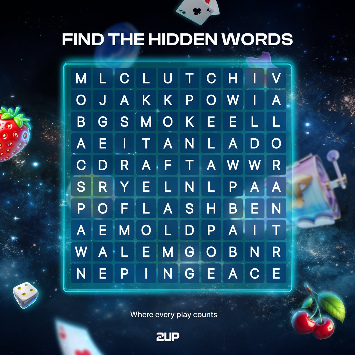 play2upio's tweet photo. 🕵️ We hid 10 words. Find 5 before your last braincell calls it a day. Ready, set, squint!

Follow @play2upio + tag 3 gambling bros + RT + like + drop your user

One people will be randomly selected. Only ONE answer will be accepted.

⚠️ Withdrawls are subject to terms and conditions.