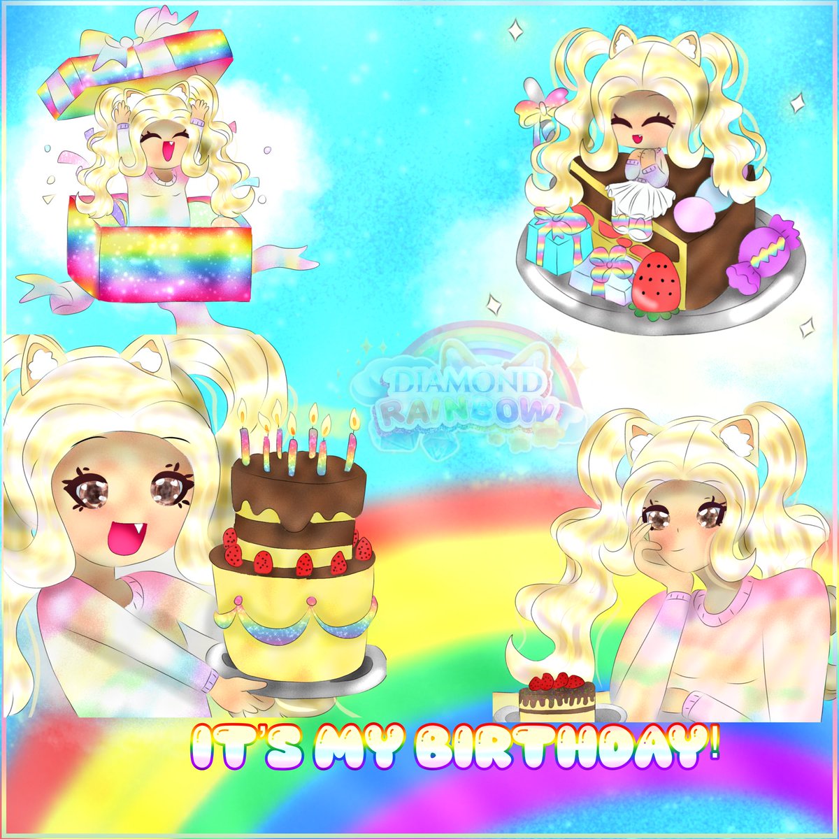 DRainbow655's tweet photo. It’s my birthday! Another year flew by- guys where has time gone- (yeah two drawings have my old eye style- sorry I had zero time to redraw) 

#royalehigh https://t.co/adK8C5YtIE