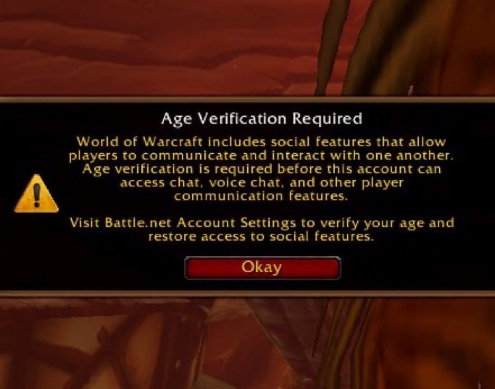 Pirat_Nation's tweet photo. World of Warcraft is asking some players in Australia to verify their age before using social features like chat and voice chat, including accounts around 20 years old.

Players testing the WoW: Forever beta are now seeing a warning saying age verification is required before they can use chat, voice chat and other social features. one Blizzard forum user said their 22-year-old account still requires verification.

Updated: This age verification is required only for Battlenet accounts in Australia (complying with the Australia Online Safety Act) and the UK (UK Online Safety Act), per Blizzard