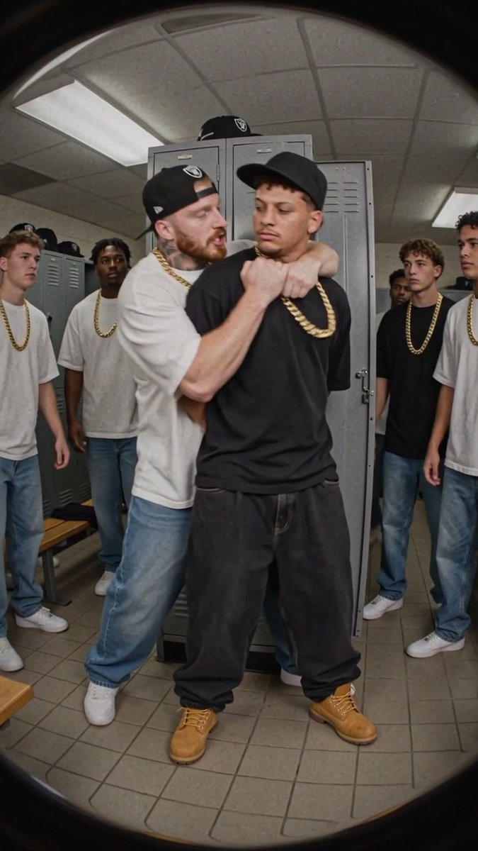 Two men in a locker room appear to be in a confrontation, both wearing thick gold chains and black caps, surrounded by onlookers, captured through a fisheye lens.