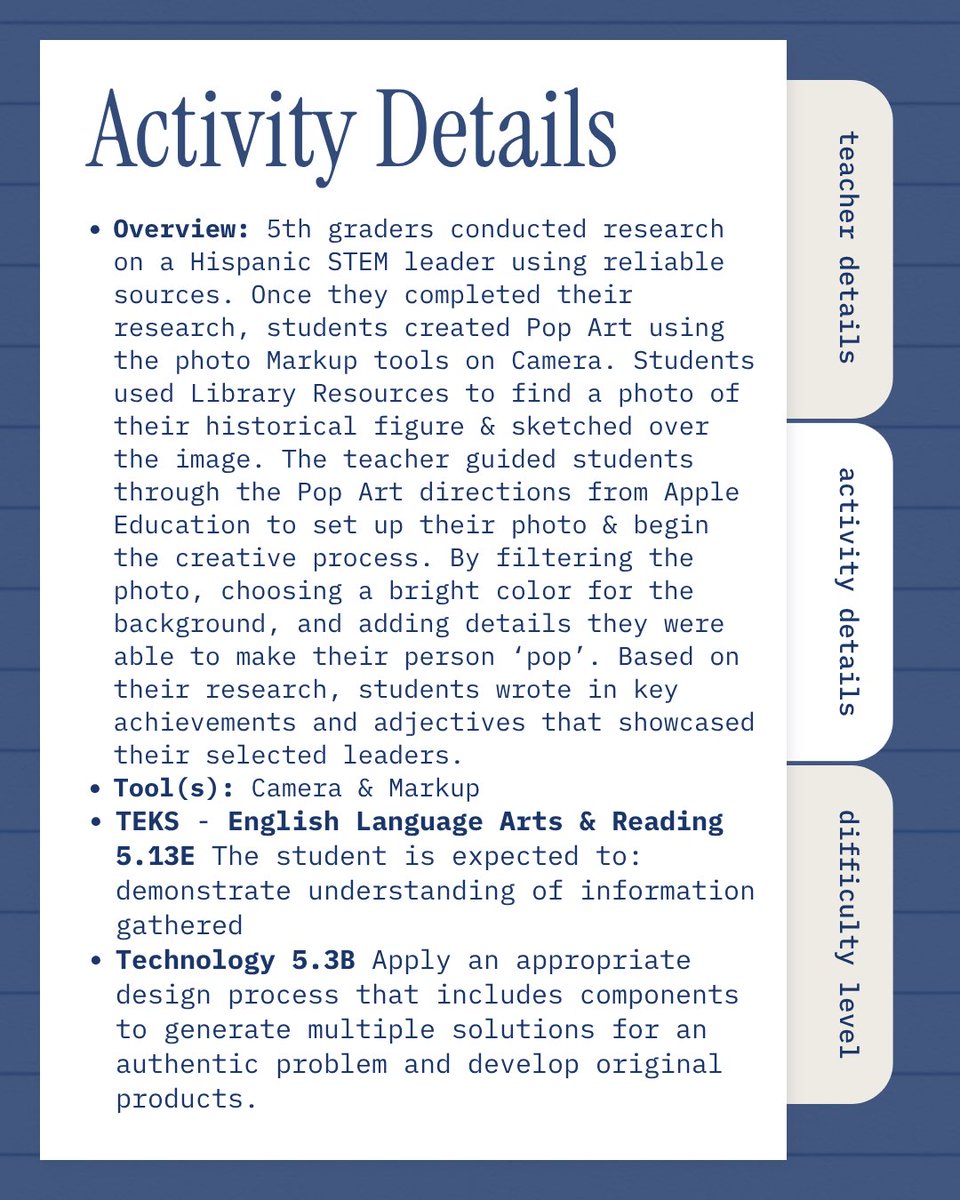 RISDiTeam's tweet photo. Today’s #FeatureTeacherFriday we are highlighting @JVarghese87 from @ohe_mustangs! #PopArt is a great activity to use during Hispanic Heritage Month to celebrate historical leaders. Swipe for details & share student examples below if you do this activity. #RISDDreamOn @AppleEDU https://t.co/n5Of6IwaDJ