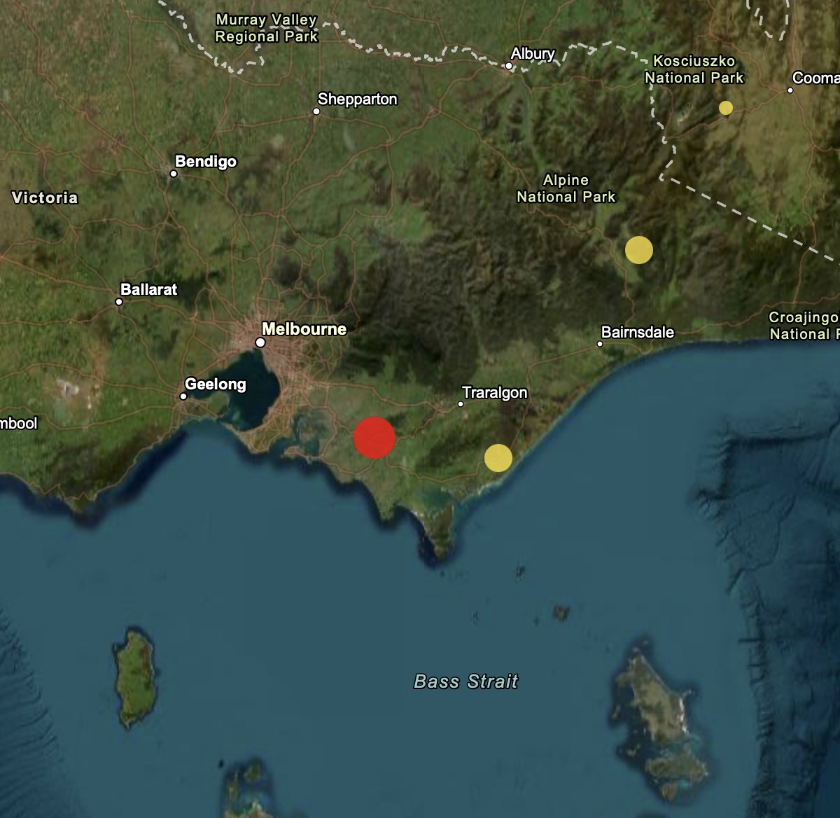 GeoscienceAus's tweet photo. We've detected an #earthquake with a preliminary magnitude of 4.8 at 2.01am near Leongatha, Victoria. If you need assistance, contact your local emergency services. Complete a felt report at https://t.co/FkxaAVmrGj https://t.co/K9MvodsO8j