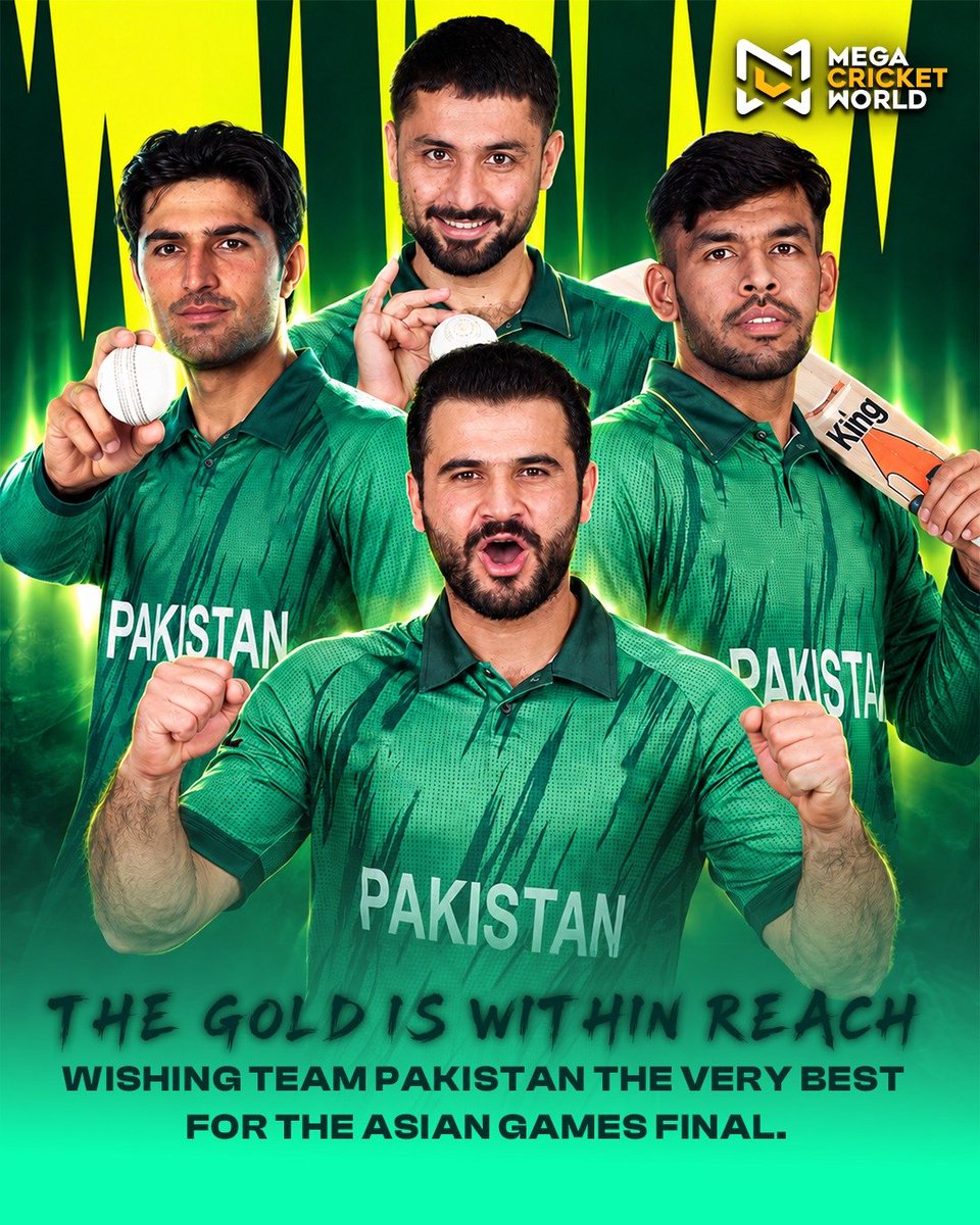mcworldsocial's tweet photo. All the best, Pakistan! 🇵🇰
The Asian Games final is here, give it everything, play with pride, and go for gold! 🥇

#Pakistan #AsianGames2026 #GoForGold #Cricket #PakistanCricket https://t.co/2X9zfN3RQO