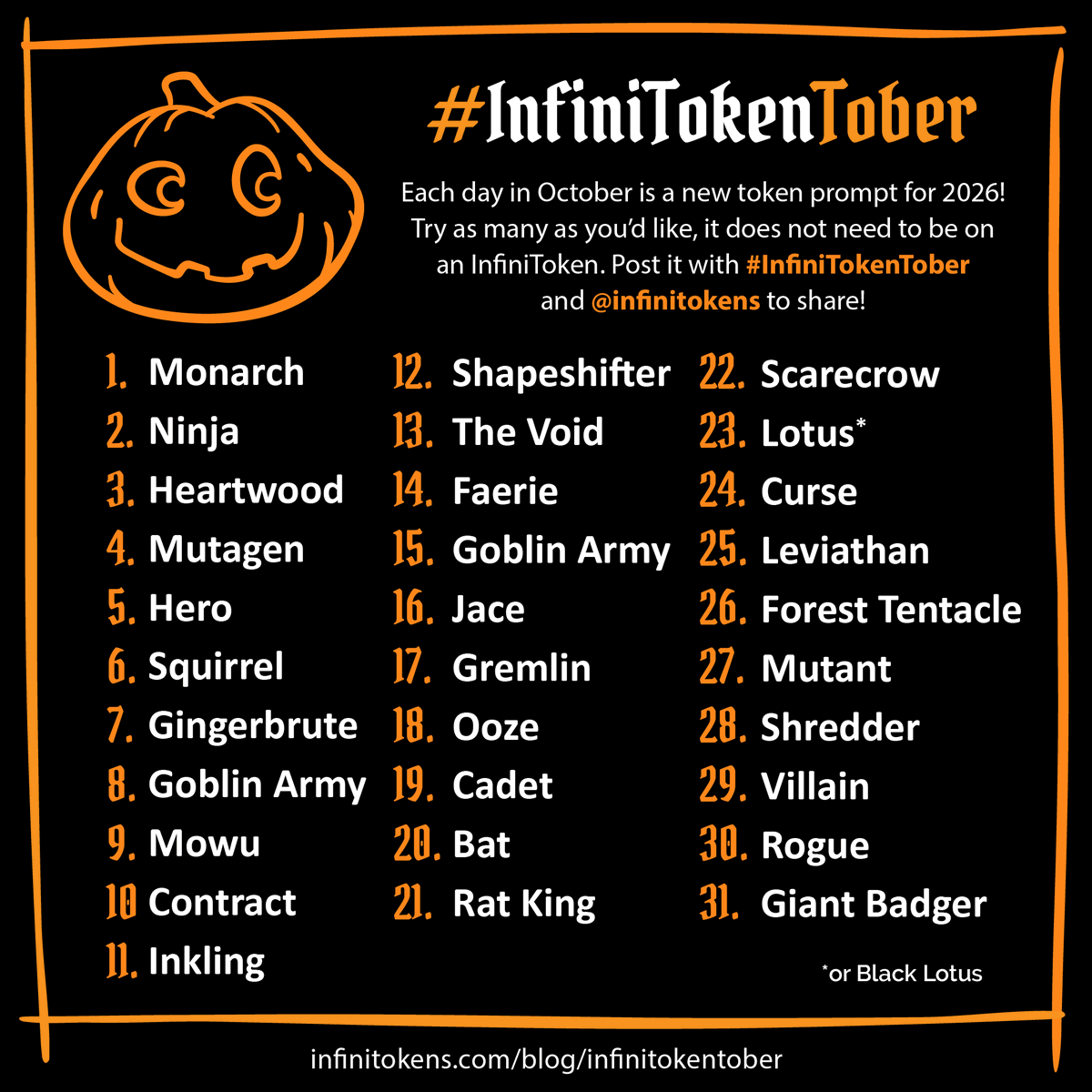 InfiniTokens's tweet photo. It's that time of year again: #InfiniTokentober! Anyone can join the fun. Each day is a different token prompt to draw any way you want. ALL skill levels welcome (you do not need InfiniTokens).
Tag #InfiniTokentober and @infinitokens to share!
Link below for details โฌ๏ธ https://t.co/avqf1VoOFE