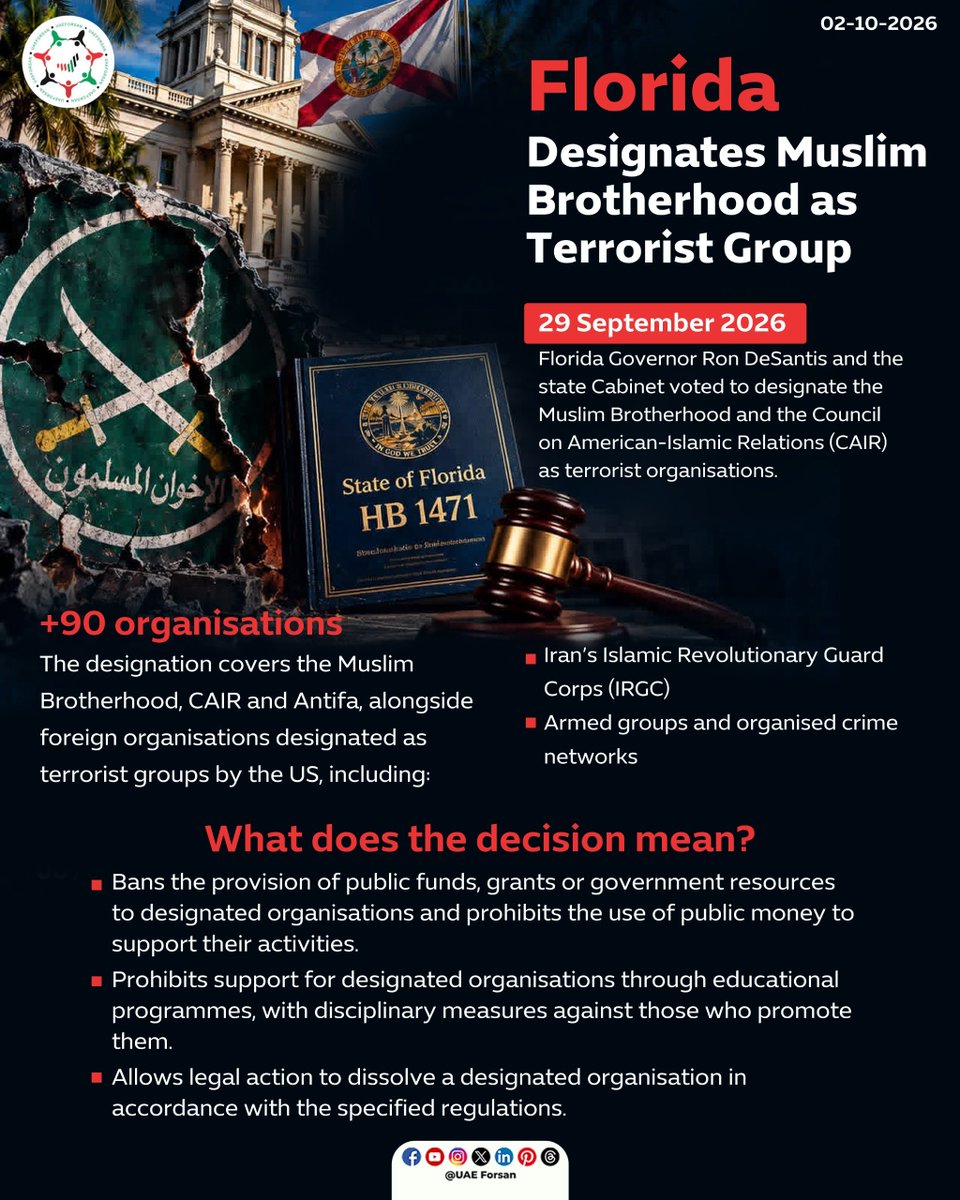 UAE_Forsan's tweet photo. Florida Designates Muslim Brotherhood as Terrorist Group

#US #Florida #MuslimBrotherhood #MBGlobalTerroristDesignation
#Florida_Designates_Muslim_Brotherhood_As_Terrorist_Organization 
#فلوريدا_تصنف_الإخوان_جماعة_إرهابية
#الإخوان_تنظيم_إرهابي
@GovRonDeSantis https://t.co/Dzmxrk4Bbc