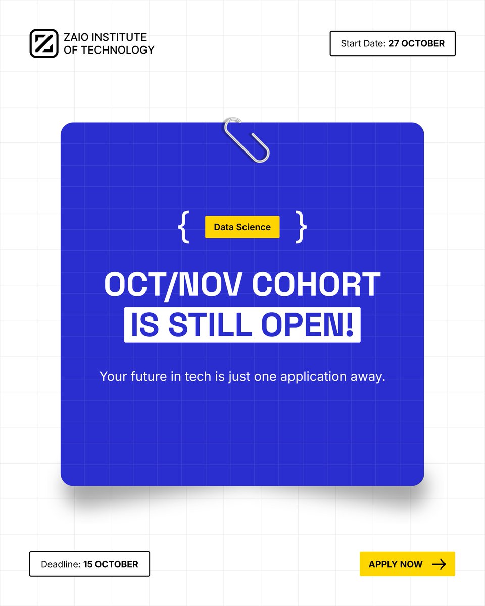zaiotech's tweet photo. Zaio’s Oct/Nov cohort is still open! 🚀

Available bootcamps:

📊 Data Science
🔐 Cybersecurity
☁️ Cloud &amp; DevOps

Start building your future today!
👉 Apply now: https://t.co/ZCSe5bqbdq

#Zaio #TechCareers #DigitalSkills https://t.co/jEMDOi1Z1A