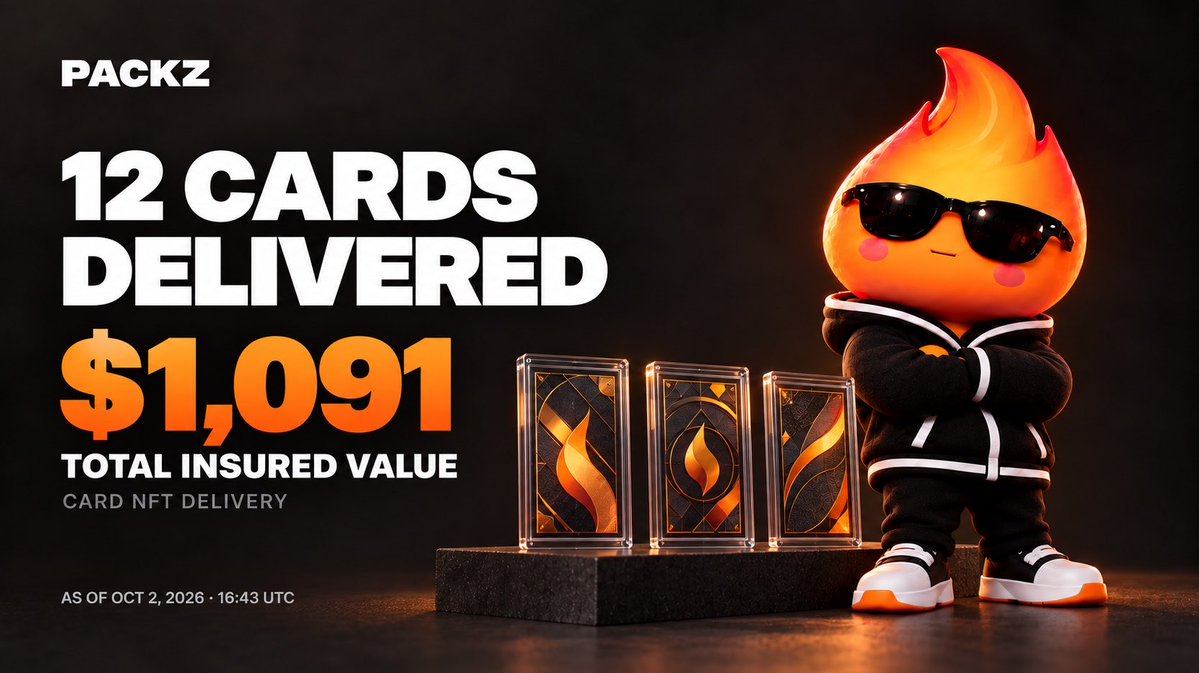 UsePackz's tweet photo. 12 cards. $1,091 in total insured value. Delivered to holders’ wallets. 🎴🔥

The $PACKZ pulls keeps growing. 
Who’s getting the next pull? https://t.co/SmIun7ij9s