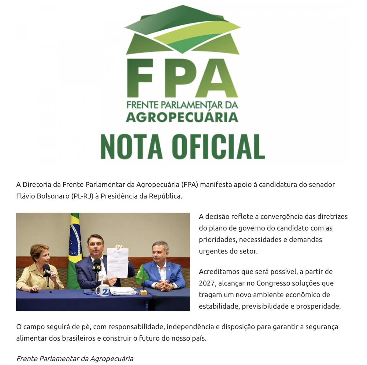 eixopolitico's tweet photo. 🇧🇷 Frente Parlamentar da Agropecuária (FPA) declara apoio à candidatura de Flávio Bolsonaro (PL) à Presidência da República. https://t.co/BAt3mELUD9