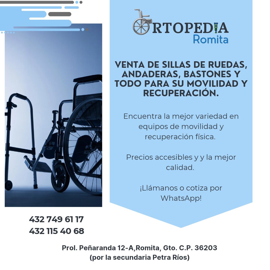 ortopediaromita's tweet photo. Venta de #sillasderuedas #andaderas #bastones #muletas y todo para su #movilidad y #recuperación
#Ortopedia #Romita
432 749 61 17 https://t.co/FoLIwTF393