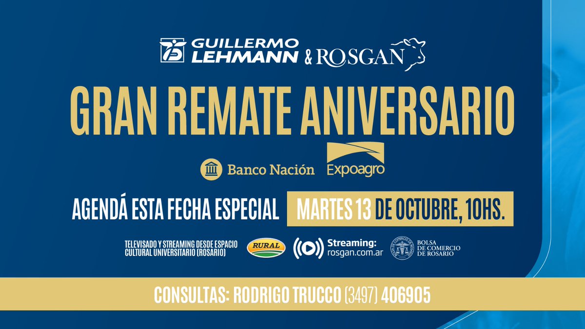 La_Lehmann's tweet photo. 🐂 Gran Remate Aniversario Lehmann &amp; Rosgan.📅 Martes 13 de octubre | 10 hs.

📺 Televisado y vía streaming.Agendá esta fecha especial. 
Accedé acá: https://t.co/lKlV3DIr5X

#LaLehmann #Rosgan #Ganadería https://t.co/mV4MYXPxTn