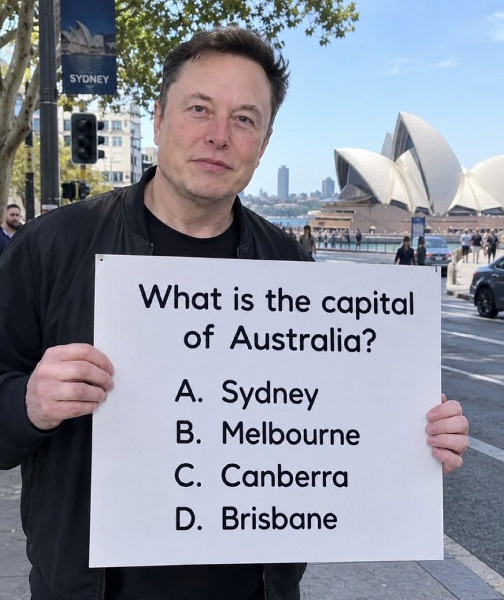 FrederickBvm's tweet photo. What is the capital of Australia?

A. Sydney
B. Melbourne
C. Canberra
D. Brisbane https://t.co/3KpNKpNKCp