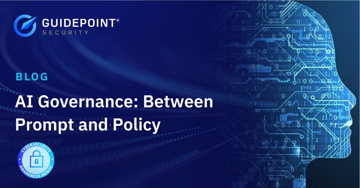 GuidePointSec's tweet photo. AI adoption is moving faster than security teams can see, assess, &amp; govern it. In a new blog, Practice Lead Zachary Sheaffer explores how organizations can build practical guardrails with clear ownership.

Read more: https://t.co/Vcml42H53m

#CybersecurityAwarenessMonth https://t.co/FIAmWNk1Mz