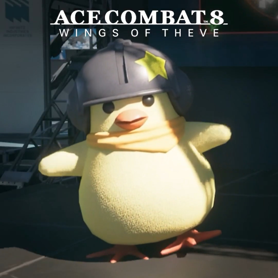 A 3D-rendered yellow chick wearing a pilot's helmet with a green star stands in front of an aircraft hangar, overlaid with the text "ACE COMBAT 8 WINGS OF THEVE." The meme humorously casts the chick—naturally fitting the username "Nugget"—as an ace pilot ready for the weekend, pairing the cute mascot with the bold, mock video game title.