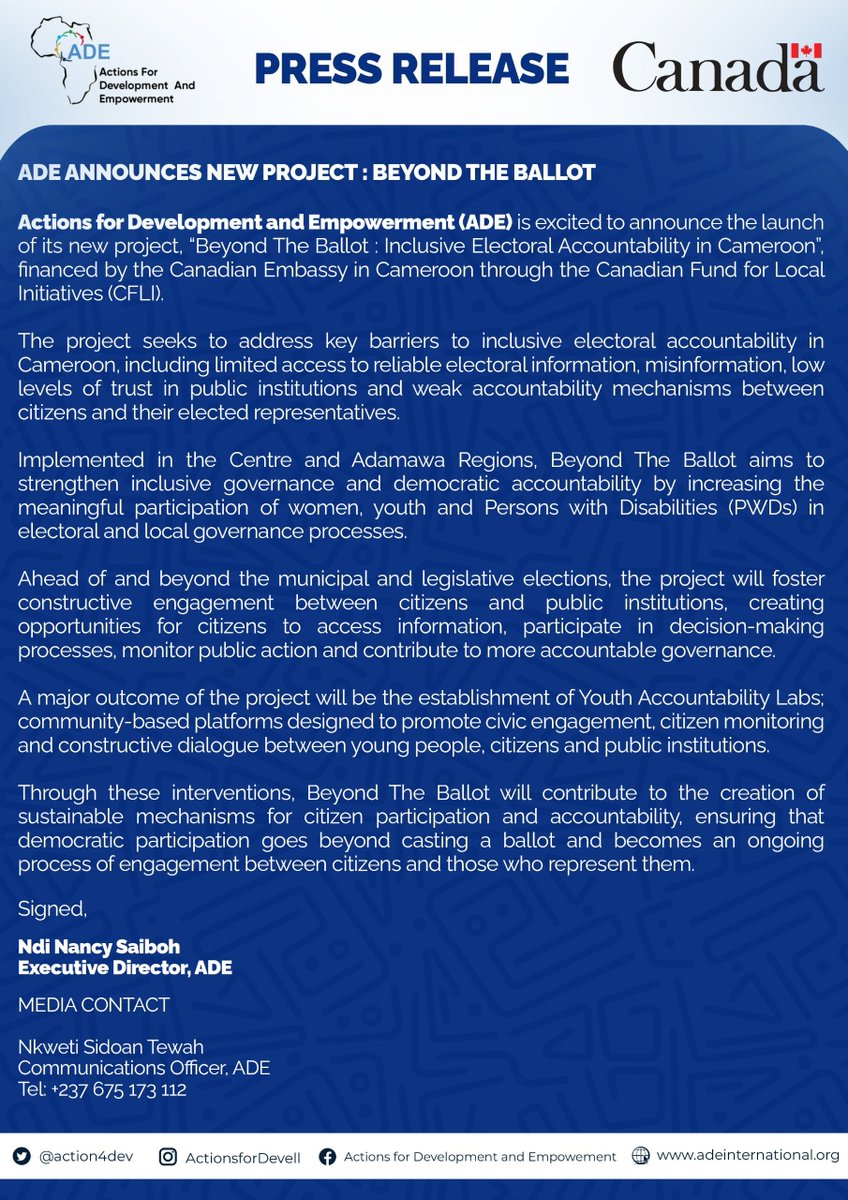 actions4dev's tweet photo. Announcement!!!🥳

ADE is excited to announce the start of a new project "Beyond The Ballot: Inclusive Electoral Accountability in Cameroon" awarded by the @CanadaCameroun  under the Canadian Fund for Local Initiatives (CFLI).

Read our full press release below for details👇🏾👇🏾 https://t.co/Gi5BCLeNLr