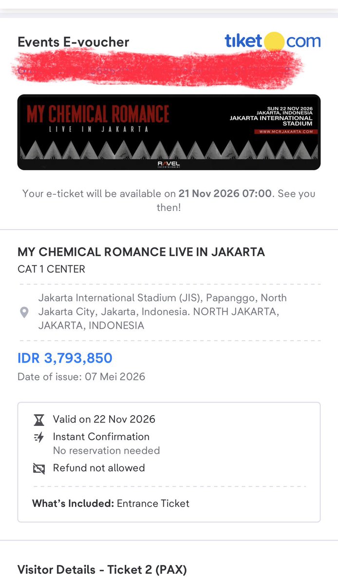 misihalu's tweet photo. wts tiket konser my chemical romance in jakarta day 1. 
CAT 1 CENTER 2 PAX negotiable dm!

wts wtb mcr jakarta my chemical romance in jakarta https://t.co/6YuILIkvql
