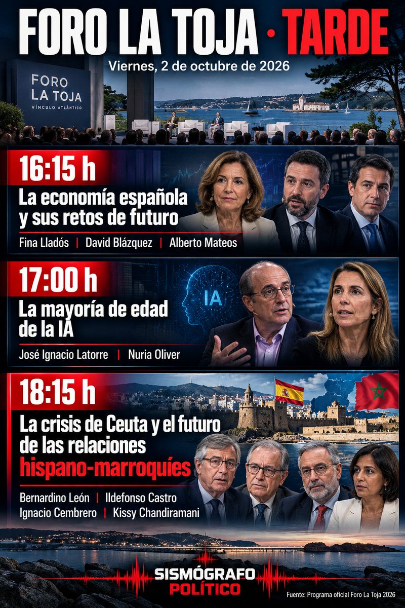 Ignaciotp88's tweet photo. 📡 LA TOJA | TARDE
Continúa la jornada política y económica del Foro.

👁️ Especial seguimiento a las 18:15 del debate “La crisis de Ceuta y el futuro de las relaciones hispano-marroquíes”, con Bernardino León, Ildefonso Castro, Ignacio Cembrero y Kissy Chandiramani.

👉Un asunto que seguiremos por las afirmaciones y datos que se aporten.

📡SISMÓGRAFO POLÍTICO

#SismógrafoPolítico #ForoLaToja #Ceuta #Marruecos