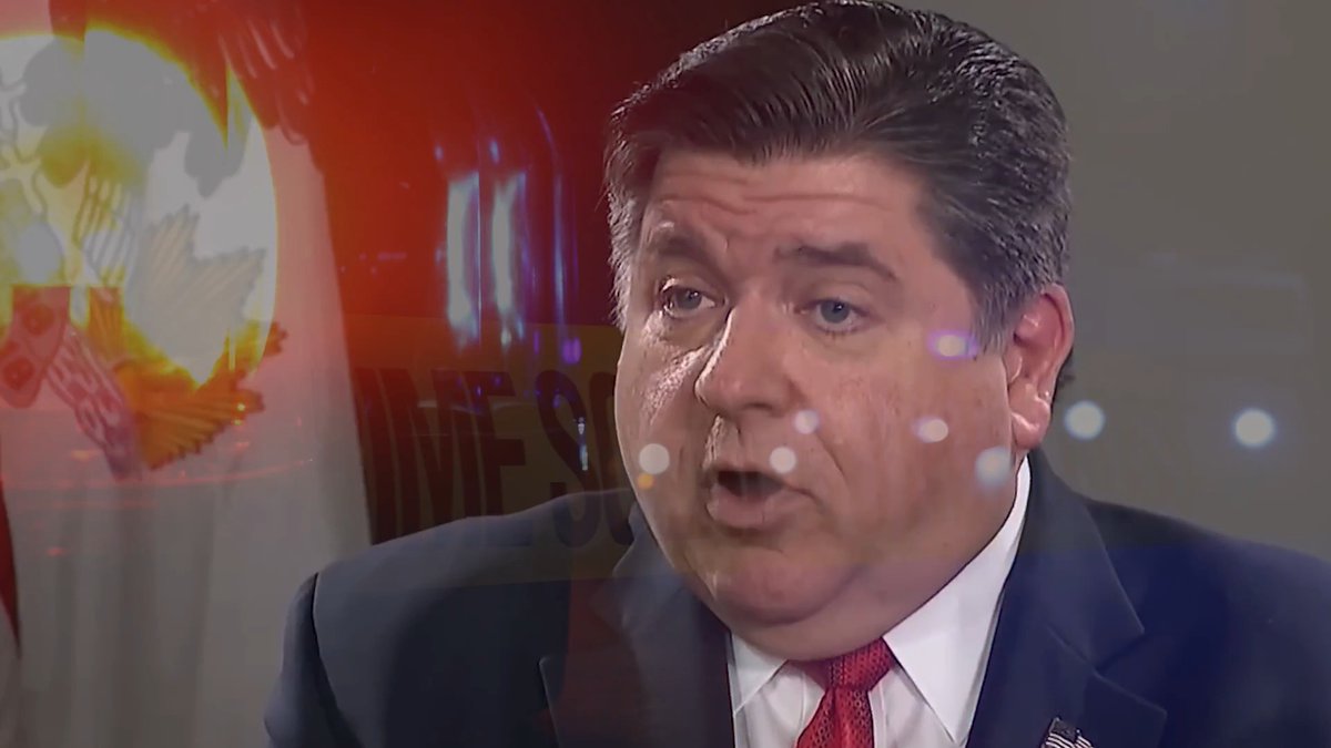 A man in a suit and red tie appears to be speaking during a TV interview, with an overlaid graphic showing what looks like a "FIRE SALE" sign. The image accompanies a post criticizing Illinois's Democratic governor for allegedly targeting immigration officials rather than criminal aliens, with the politician shown likely being the subject of that criticism.