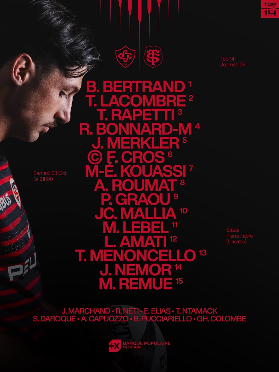 StadeToulousain's tweet photo. La compo 🗒️

Découvrez l’équipe qui affrontera le CO demain 🔴⚫️ https://t.co/JgorzH8dWu
