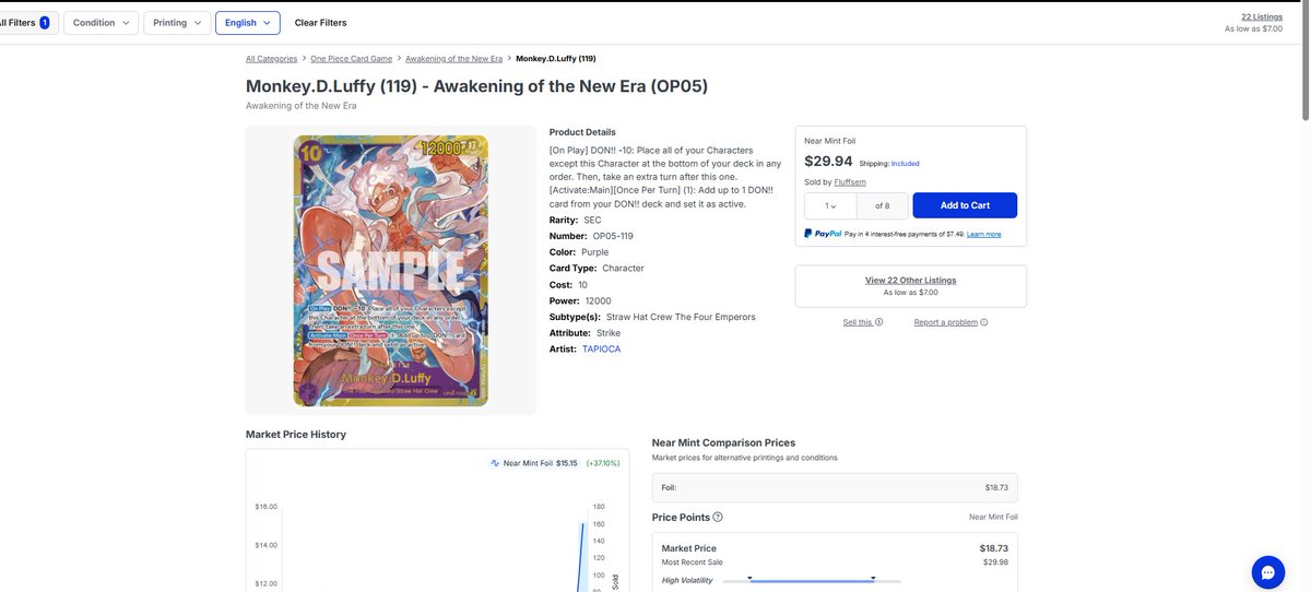 NoVaPyramis's tweet photo. 10c Gear 5 Luffy SEC is 30$ a copy now...$10->$30
And it's being bought still.
It may be block 2 on the card but it's X block.
It never rotates out.
This is a first for a reprinted SEC, I believe. https://t.co/YcLJCFqNrZ