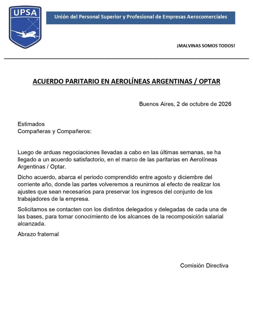 UPSA_Oficial's tweet photo. #Aerolíneas #Optar
📣 Acuerdo Paritario

#UPSA Gremiales 
#UPSAsiemprejuntos https://t.co/kbN8JTYZbo
