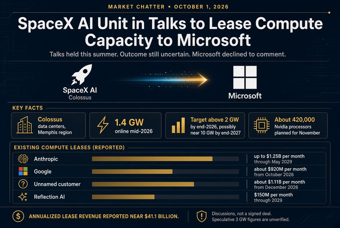 $SPCX - BREAKING: Market Chatter: SpaceX's AI Unit in Talks to Lease Compute Capacity to Microsoft

The company plans to deploy around 420,000 Nvidia (NVDA) pro