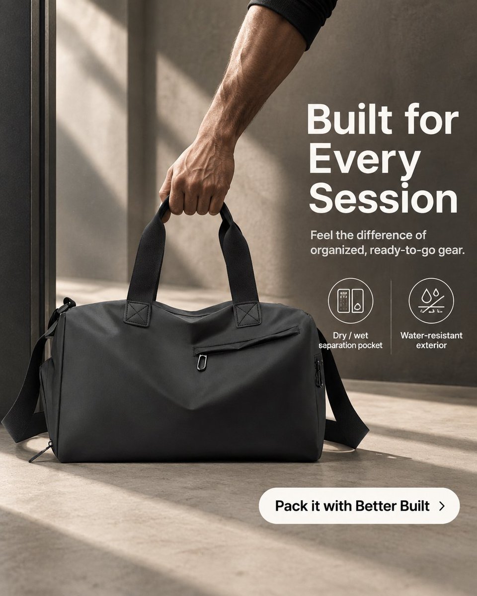 BetterBuilt2026's tweet photo. Pack smarter, move faster. Our water-resistant gym bag with dry/wet pocket keeps sweat away from clean clothes so you're ready for whatever comes next. Ready, packed, out the door. #GymBag #Fitness Tap the link in bio. https://t.co/zjuAiQLWEk