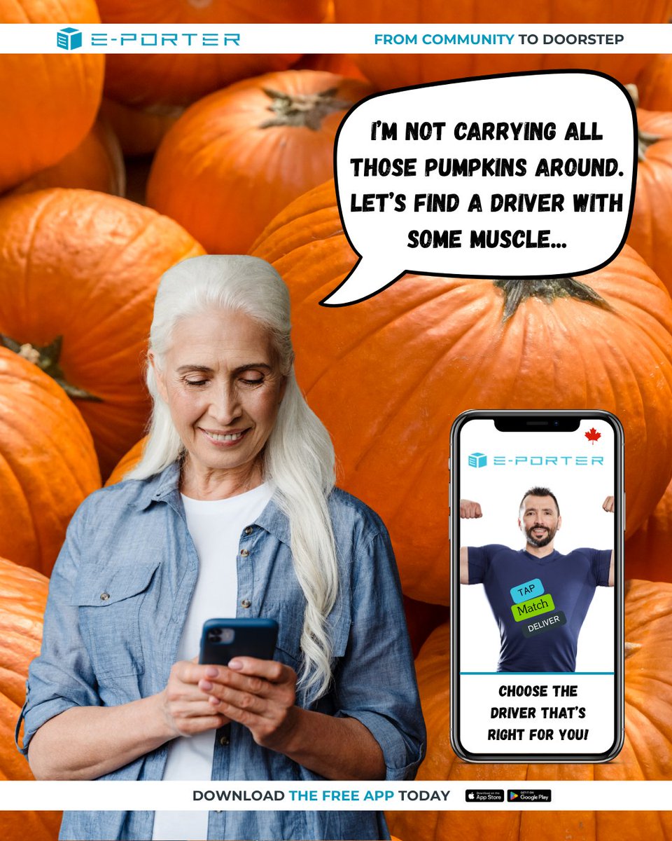 EPorterDelivery's tweet photo. π Found the perfect pumpkinsβ¦ now whoβs carrying them home?
With E-Porter, connect with local drivers and choose the one thatβs right for your delivery.
π± Tap. Match. Deliver.
Download the FREE app today. π¨π¦
#EPorter #LocalDelivery #PumpkinSeason https://t.co/YxQe2V1riy