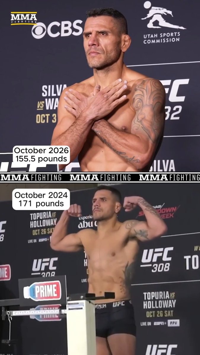 A split-image comparison showing UFC fighter Rafael dos Anjos at official weigh-ins, weighing 155.5 pounds in October 2026 (top, for UFC 332 vs. Silva) and 171 pounds in October 2024 (bottom, at UFC 308 during Topuria vs. Holloway week), illustrating his remarkable track record of making weight throughout his career. The image reinforces the post's caption highlighting dos Anjos's professional dedication and flawless weight-cut history spanning 50 fights.