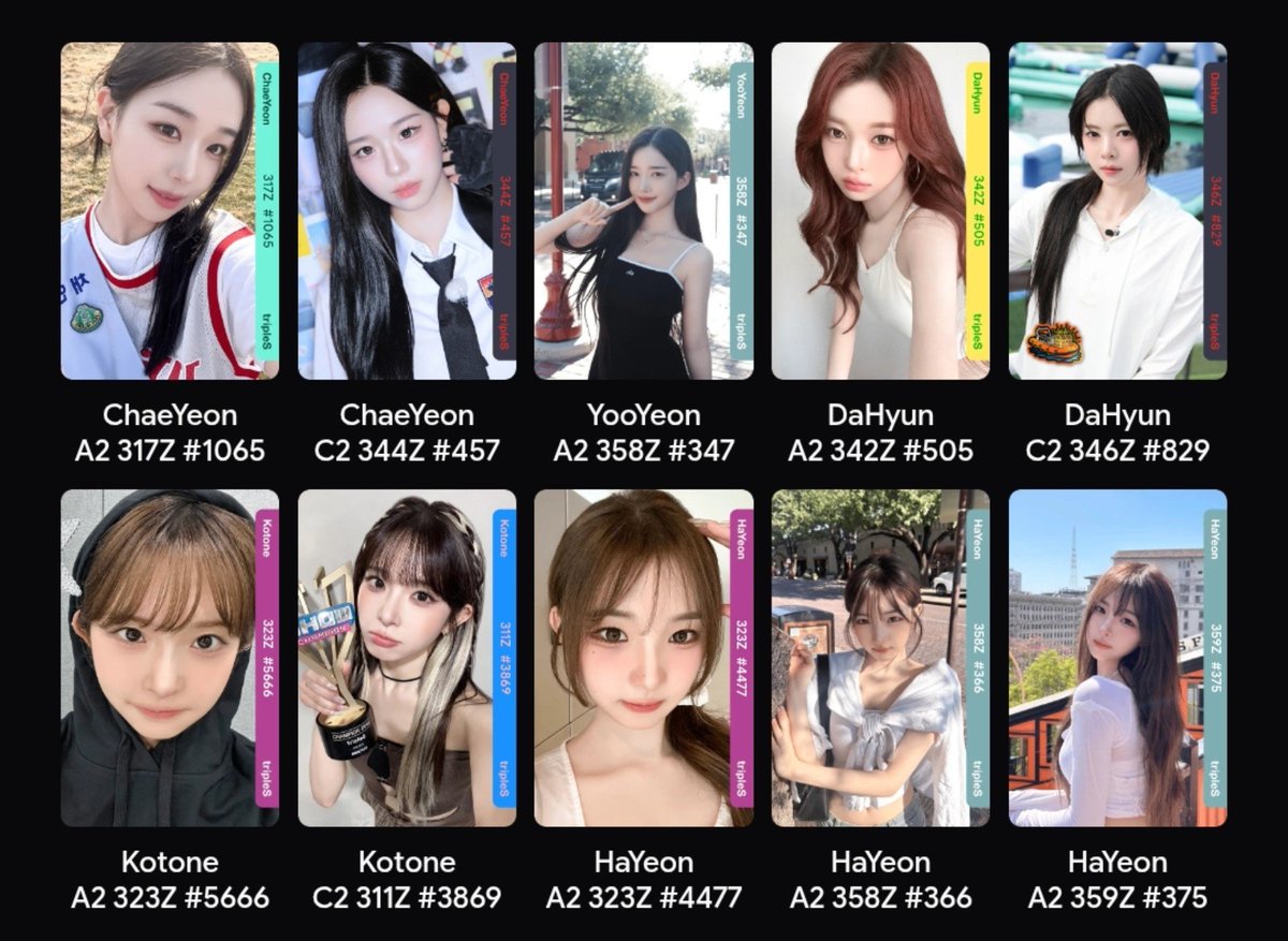 thefallencosmos's tweet photo. WTT TRIPLES

Have: (1st pict)
Chaeyeon AA317 CC344
Yooyeon AA358
Dahyun AA342 CC346
Kotone AA323 CC311
Yooyeon AA323 AA358 AA359

Want: (2nd pict, BB 1st edition)
Seoyeon (PRIO)
Soomin
Yubin
Kotone (PRIO)
Nien
Sullin

Hlep guys I just wanna grid I swear 😭🙏🏻😭🙏🏻 https://t.co/9AL0OxLMyD