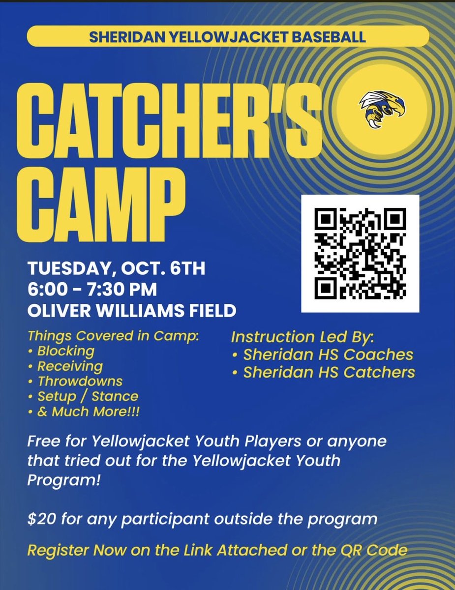 YJSwarmBaseball's tweet photo. Great opportunity to come learn how to play one of the most important positions in the game!!!

Come learn from our HS Coaching Staff &amp; Catchers on how to grow as a Catcher!

Use the QR Code or the link below to register now! 

Humbabe!!
#OWE https://t.co/N9FYjEDBeY