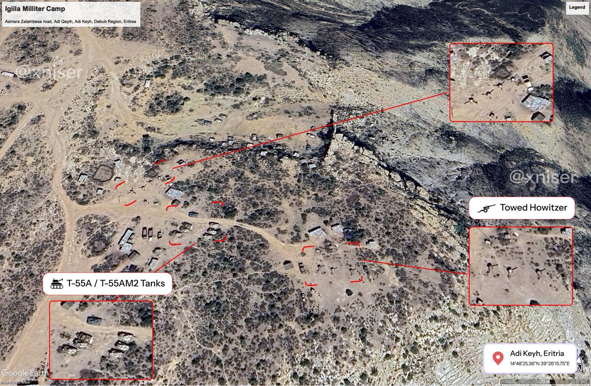 xniser's tweet photo. 3/3 Between 2022 and 2024, the outpost functioned as a heavily armed staging hub along the border axis. Staged assets like T-55/T-72 tanks, towed howitzer, and logistics vehicles provided long-range artillery coverage and direct armor support aimed towards Northern Tigray. https://t.co/IVB03crV8n