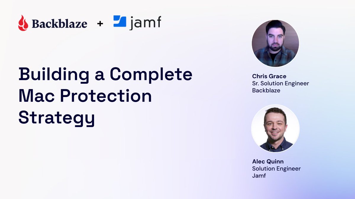 backblaze's tweet photo. Either you know who owns every Mac in your fleet upfront, or you don't. Most teams end up with a mix: devices that came pre-assigned, and devices still waiting for a user.

That mix is where backup coverage breaks down.

Solution Engineers from Jamf and Backblaze walk through building a complete Mac protection strategy in our webinar. You'll see how Backblaze Computer Backup deploys through a Jamf policy like any other app, so backup follows the workflow your team already uses.

Watch the free webinar - no registration required: https://t.co/krJVSMvLIw

Learn more about Backblaze Computer Backup: https://t.co/ga7OeXwD46

#MacAdmins #Jamf #ITLeadership #EndpointManagement #DataProtection