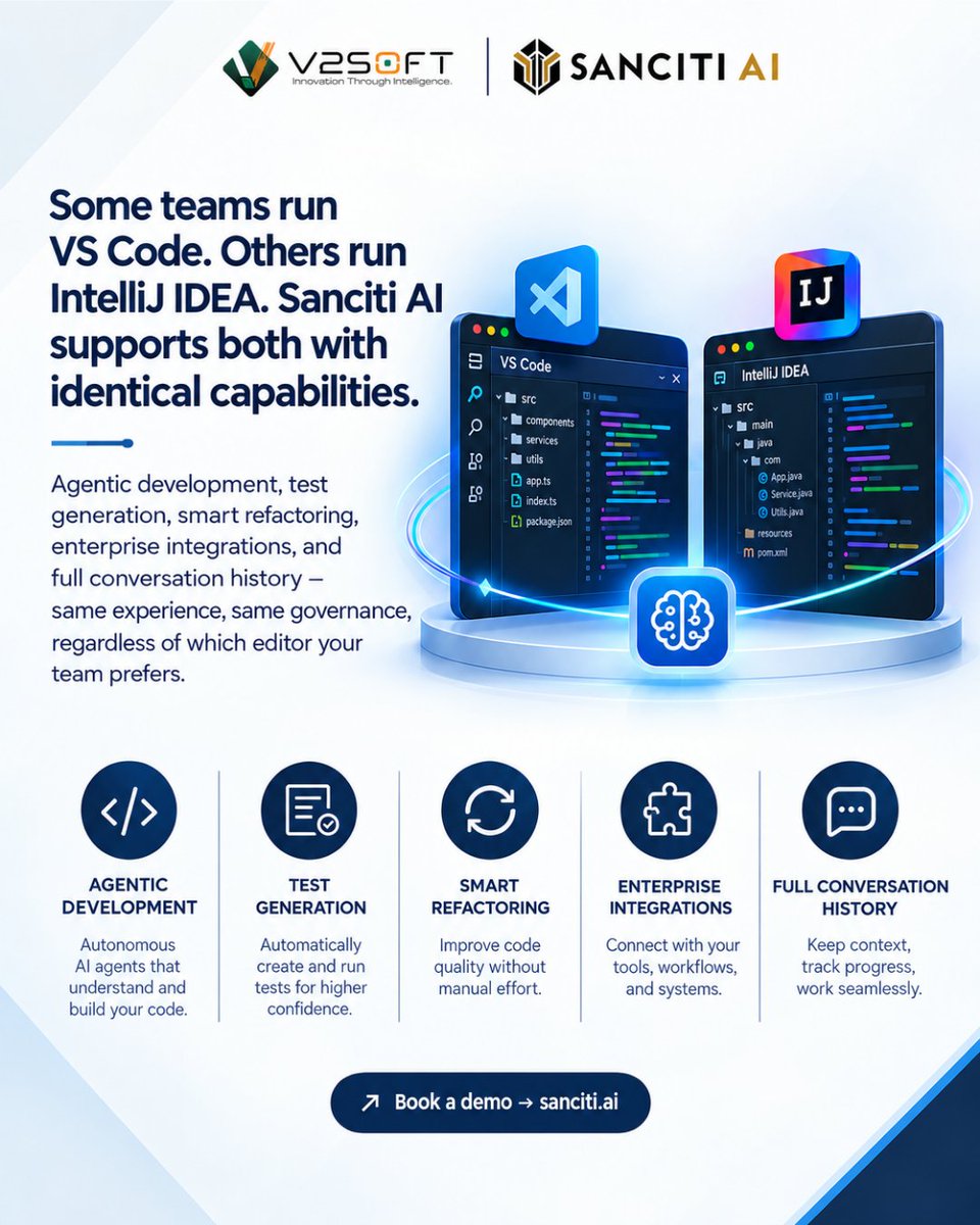 v2soft's tweet photo. The right AI platform adapts to your team. Not the other way around. #SancitiAI delivers identical agentic
Book a demo β https://t.co/Rj2pbZtJSw
#AgenticAI #VSCode #IntelliJ #DeveloperProductivity #DevTools #SDLCAutomation #IDEPlugin #SoftwareEngineering #B2BTech #AIGovernance https://t.co/VZmdwJprqd