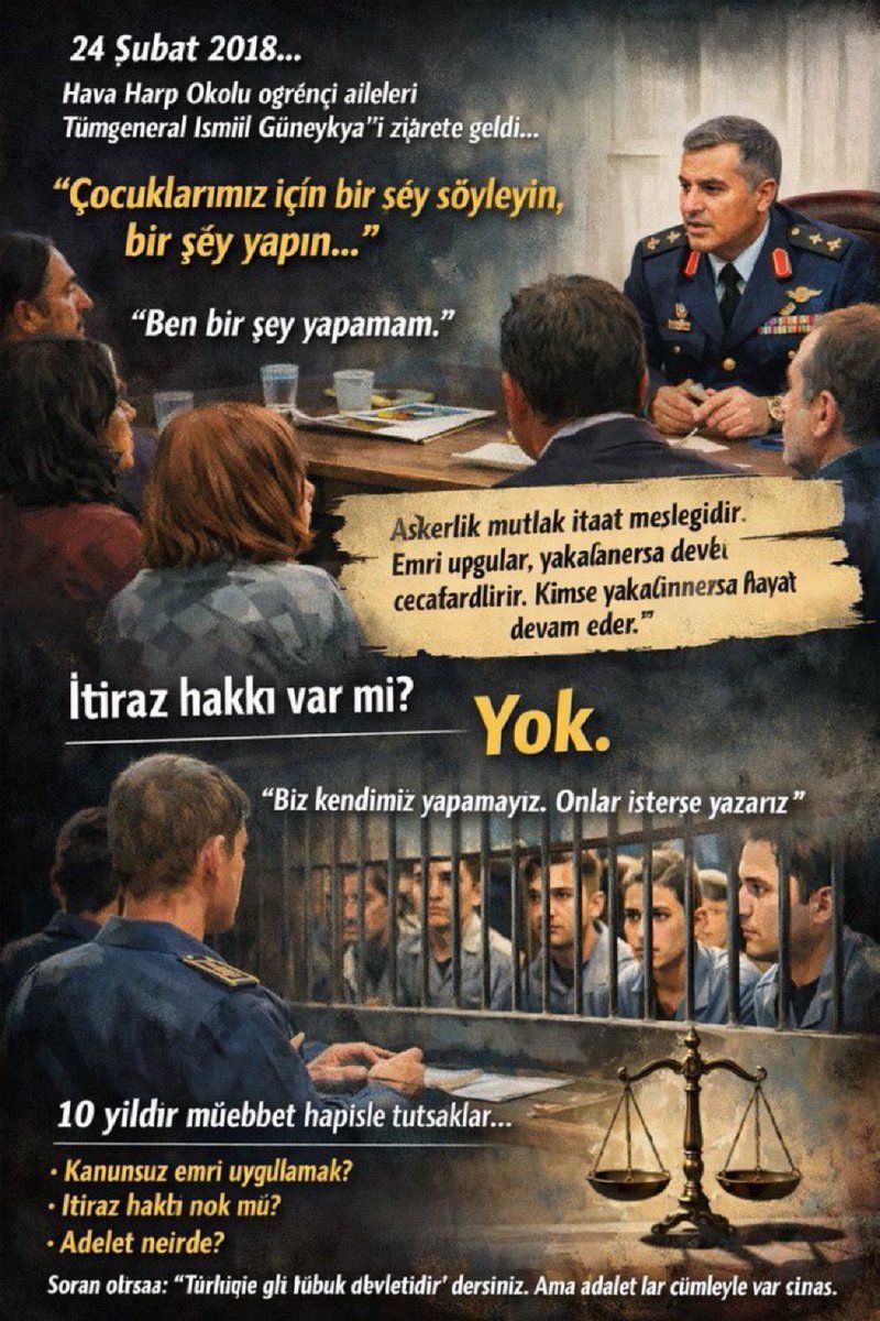 ProfAtak30's tweet photo. 🔴💥 Tarih 24 Şubat 2018…

Hava Harp Okulu öğrencilerinin aileleri, çocuklarının geleceği için bir umut kapısı arayarak Hava Kuvvetleri Kurmay Başkanı Tümgeneral İsmail Güneykaya’yı ziyaret ediyor.

Tek istekleri var:
“Çocuklarımız için bir şey söyleyin… Bir şey yapın…”

Aldıkları cevap ise şu oluyor:
“Ben bir şey yapamam.”

Bunun üzerine aileler, en azından “mutlak itaat” anlayışının kaldırılmasını talep ediyor. Çünkü çocukları, verilen emirleri sorgulama hakkı olmadan uygulamak zorunda bırakılmış durumda.

Cevap daha da ağır:

“Askerlik mutlak itaat mesleğidir. Ben komutan olarak emir veririm, kanunsuz olabilir. Emri uygulayacak. Uygulamazsa ben cezalandırırım. Uygular ve yakalanırsa devlet cezalandırır. Kimse yakalamazsa hayat devam eder.”

Aileler bunun üzerine soruyor:
“Çocuklarımızın itiraz hakkı var mı?”

Yanıt net:
“Yok.”

“Bunu mahkemeye yazın o zaman” diyor aileler.
“Biz kendimiz yapamayız. Onlar isterse yazarız.” cevabı geliyor.

Ve bugün…

Bu gençler 10 yıldır müebbet hapis cezasıyla tutsak.

Eğer askerlik “kanunsuz emri bile uygulamak” demekse,
itiraz hakkı yoksa,
sorgulamak suçsa,

O zaman hukuk devleti nerede başlar?

Soran olursa, “Türkiye bir hukuk devletidir” dersiniz. #cumartesi günaydınlar #yetişemiyoruz #sıradanevar