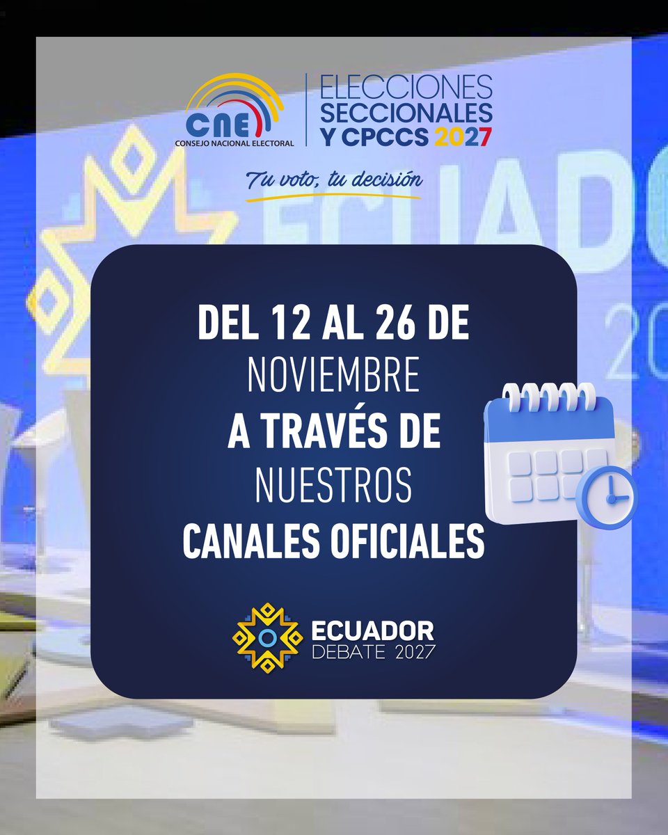 cnegobec's tweet photo. 🗣️🇪🇨 | Los #DebatesElectoralesEc obligatorios para las dignidades de prefecturas y alcaldías se desarrollarán en las jurisdicciones con más de 100.000 electores. 🗾

🗳️ A través de Ecuador Debate garantizamos el intercambio de ideas y la presentación de propuestas de las y los candidatos en igualdad de condiciones. 🫱🏻‍🫲🏼

#Elecciones2027Ec ✅