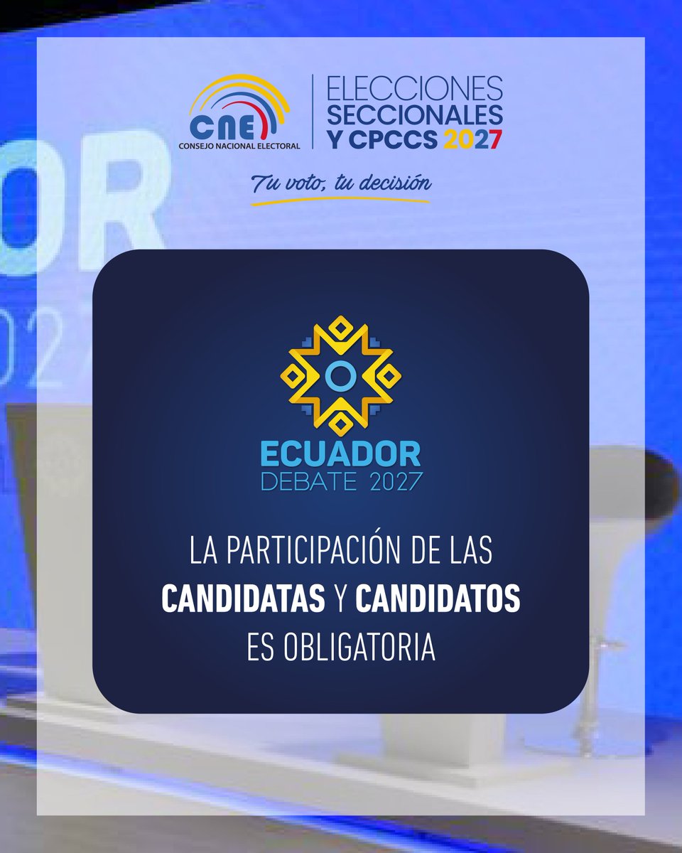 cnegobec's tweet photo. 🗣️🇪🇨 | Los #DebatesElectoralesEc obligatorios para las dignidades de prefecturas y alcaldías se desarrollarán en las jurisdicciones con más de 100.000 electores. 🗾

🗳️ A través de Ecuador Debate garantizamos el intercambio de ideas y la presentación de propuestas de las y los candidatos en igualdad de condiciones. 🫱🏻‍🫲🏼

#Elecciones2027Ec ✅