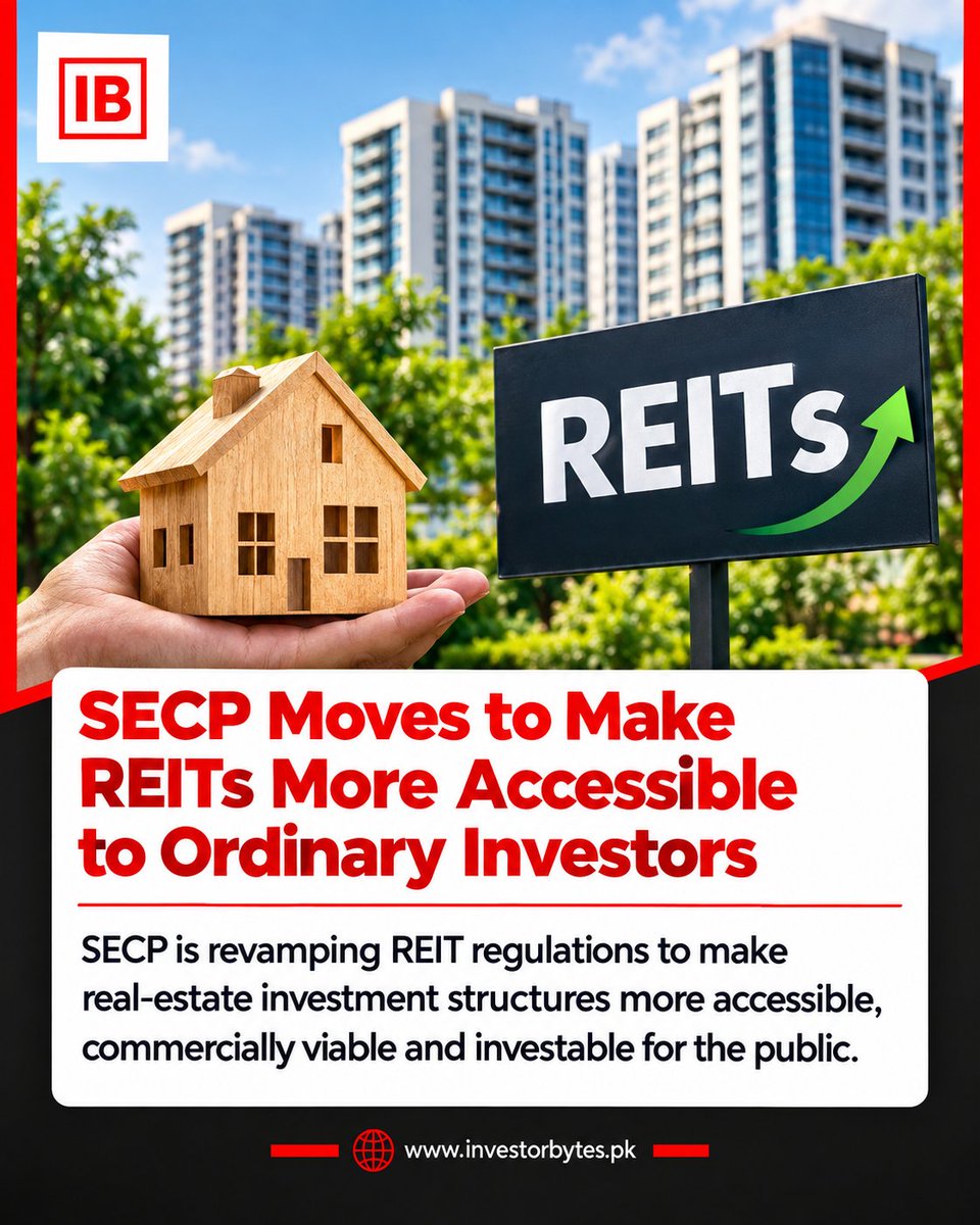 investorBytesPK's tweet photo. SECP is revamping REIT regulations to make real-estate investment structures more accessible, commercially viable, and investable for ordinary investors.
#SECP #REITs #RealEstate #PakistanInvestors #CapitalMarkets #InvestorBytes https://t.co/X4bwDHObsr