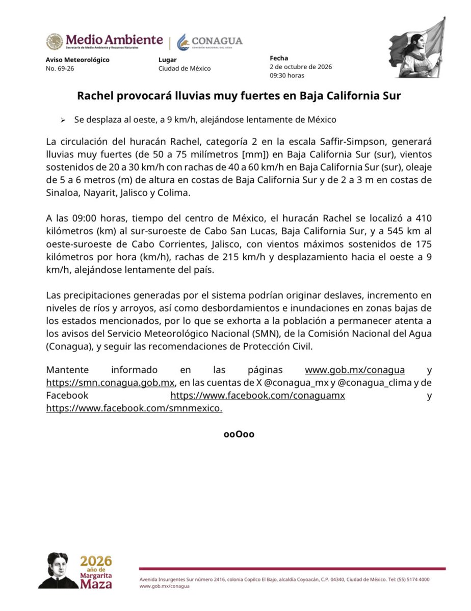 conagua_mx's tweet photo. #AvisoMeteorológico

El @GobiernoMX informa que #Rachel provocará lluvias muy fuertes en #BajaCaliforniaSur. 
 
Se desplaza al oeste, a 9 km/h, alejándose lentamente de #México.

Más información: https://t.co/DWoanigLcs https://t.co/pNHVMciYS9