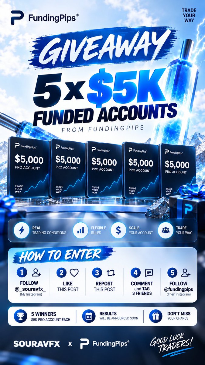 S0uravfx's tweet photo. 🚨 Giveaway Alert 🚨

HOW TO ENTER👇

1. Follow @S0uravfx and  @fundingpips

2. Like this post♥️

3. Repost this post

4. Comment and tag 3 friends

5. WINNERS | $5K ACCOUNT EACH🎁 https://t.co/pOZQFtnhtI