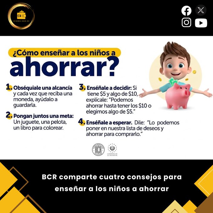 A Spanish-language infographic titled '¿Cómo enseñar a los niños a ahorrar?' (How to teach children to save) from BCR (Banco de Crédito del Perú) featuring four tips with a 3D illustration of a smiling boy with a pink piggy bank. Social media icons and official seals appear at the top and bottom.