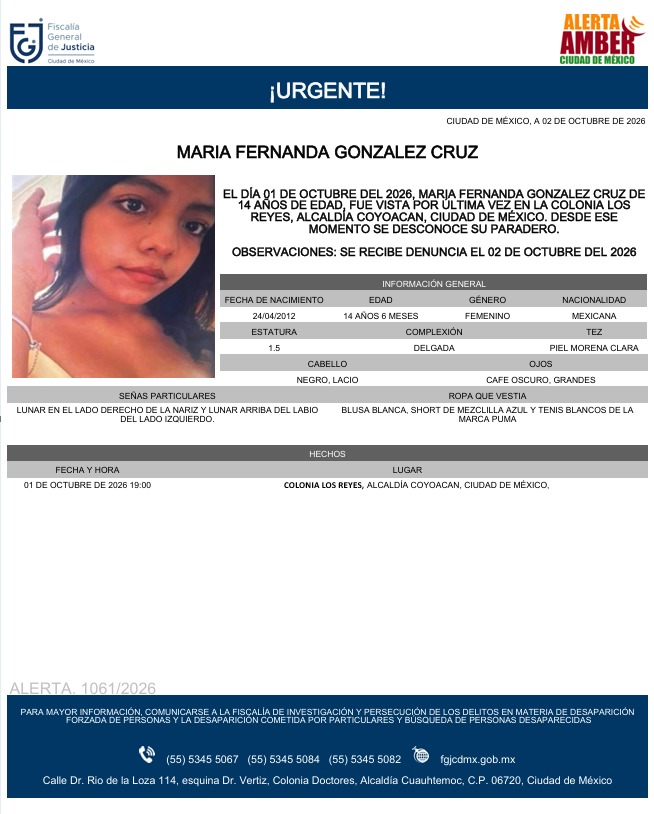 AAmberCDMX's tweet photo. Se activa #AlertaAmber para localizar a Maria Fernanda Gonzalez Cruz, de 14 años, vista por última vez el pasado 01 de octubre, en la colonia Los Reyes, alcaldía Coyoacan. https://t.co/sUYgHjolEl